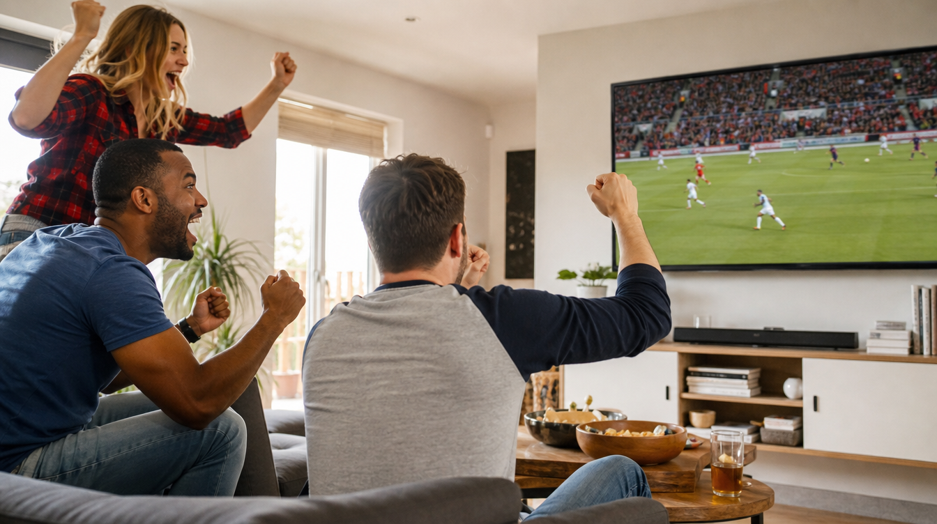 Aficionados viendo un partido de fútbol en directo con IPTV España en una Smart TV