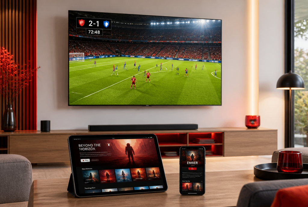 IPTV España reproduciendo un partido de fútbol en directo en la Smart TV y películas en tablet y móvil