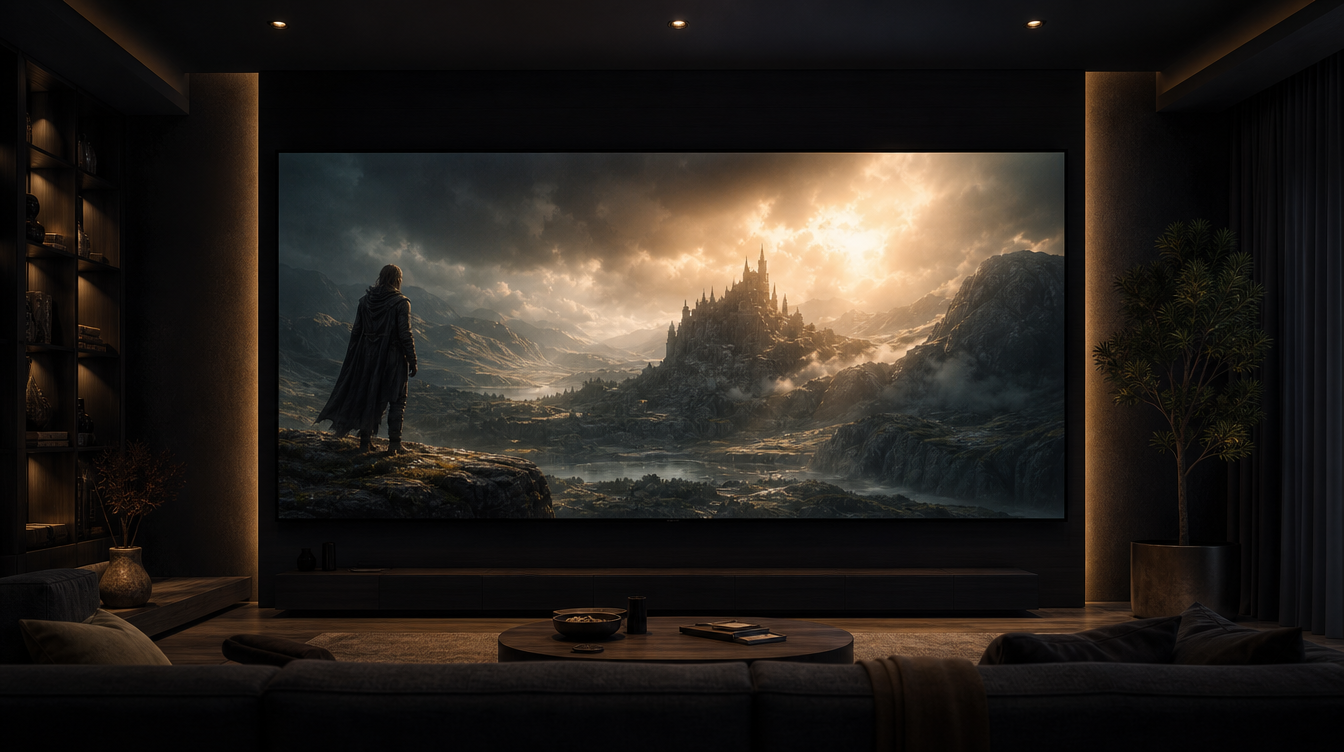 Pantalla mostrando una película con IPTV España en un salón tipo cine en casa